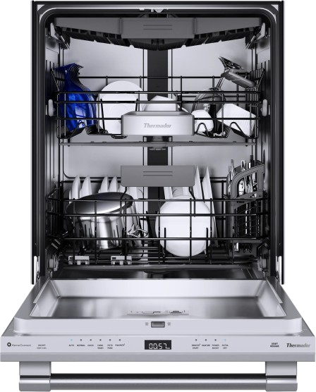 Open stainless steel dishwasher